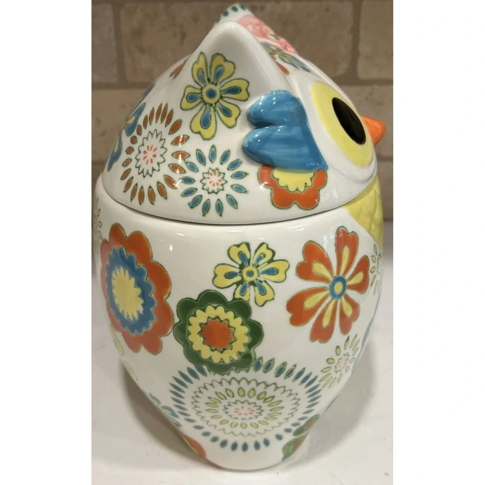 Pier 1 Imports Owl Cookie Stoneware Jar & Lid Yellow, Blue Orange Floral RETIRED